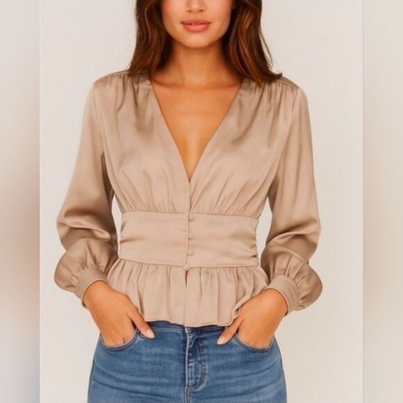 Jason Wu Silver Beige V-Neck Peplum Ruffles Hem Satin Blouse Gathered Waist XS - Picture 1 of 8